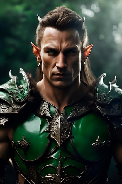 elf king with pointed ears green eyes muscular body warrior wearing leather armor ultra realistic