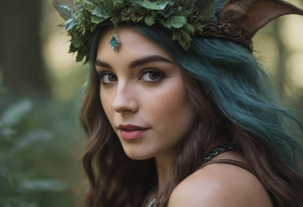Elf meisje gekleed in een cape en met een krans op haar hoofd in het bos Fantasie elf uit het bos Mooie fantasie vrouw