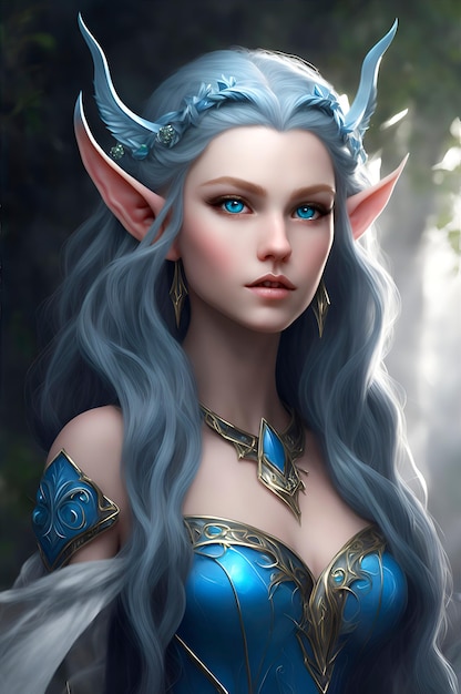 elf queen with pointy ears blue eyes beautiful long hair full body ultra realistic image