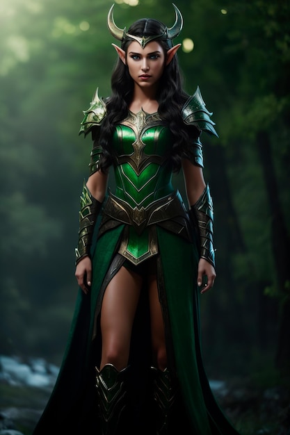 elf queen with pointy ears green eyes beautiful full body dark hair wearing warrior outfit ultra