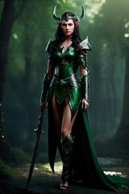 Elf queen with pointy ears green eyes beautiful full body dark hair wearing warrior outfit ultra