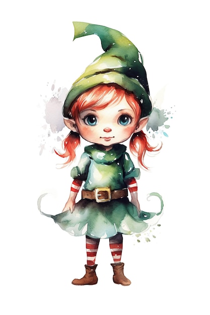 Elf xmas christmas watercolor clipart cute isolated on white background with Generative AI