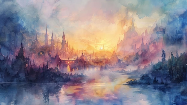 Elfenstad bij zonsopgang etherisch licht breed landschap uitzicht mystiek aquarel studio verlichting