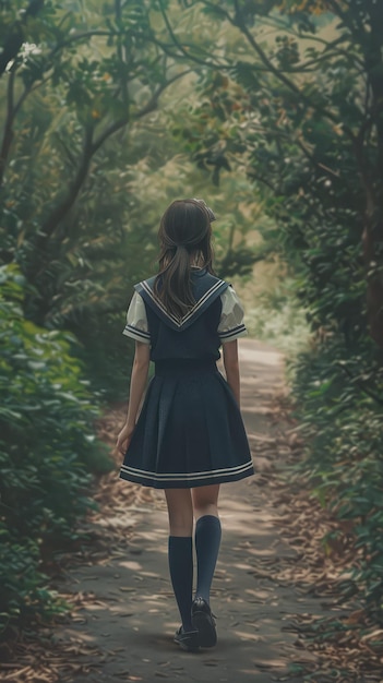 Photo elgant woman in navy blue dress walking in autumn forest