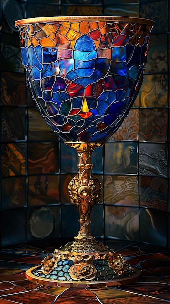 ステンドグラスの質感を持つエリヤの杯 モザイク・コラージュ・エフェクト イラスト トレンドの背景装飾