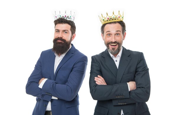 Elite community Royal benefits club Men wear crowns Businessmen successful people Feeling as king Self esteem Elite society Elite services VIP concept Rich and powerful people Bearded men