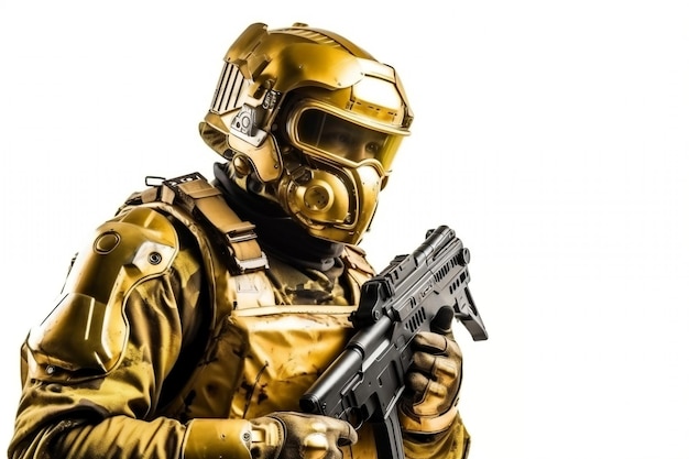 Elite space soldier armed in golden helmet generative ai