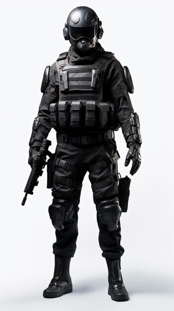 Photo elite unit soldier dressed entirely in black isolated on minimal background