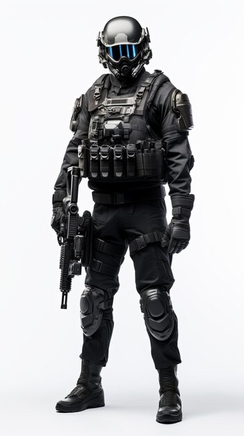 Photo elite unit soldier dressed entirely in black isolated on minimal background