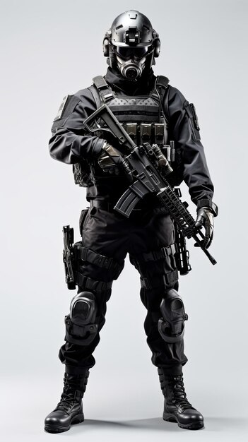 Photo elite unit soldier dressed entirely in black isolated on minimal background