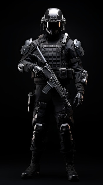 elite unit soldier dressed entirely in black Isolated on minimal background