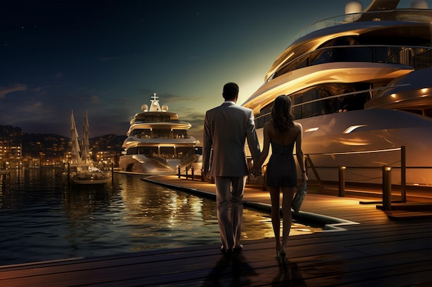 An elite wealthy couple walks slowly past the marina to their luxury yacht