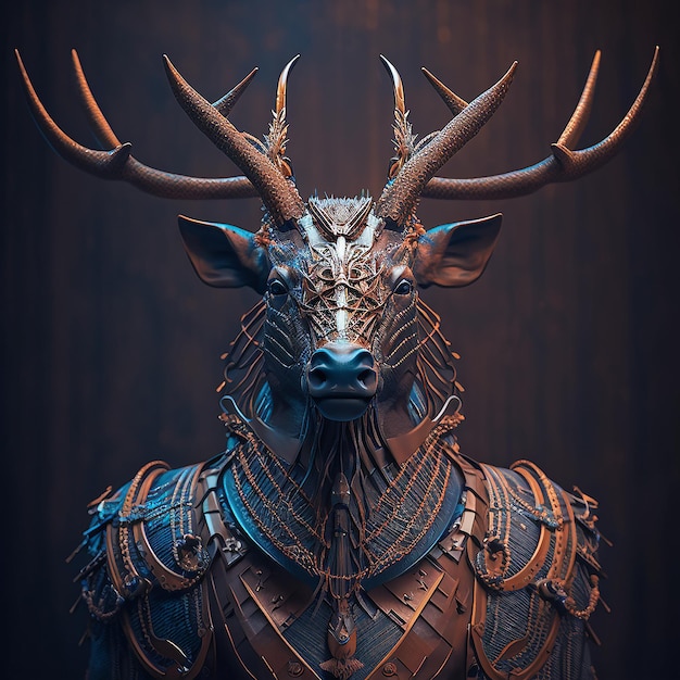 elk in cyberpunk futuristic robotic metal ancient rustic armour outfits