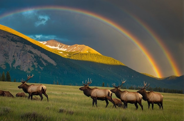 Elk Herd Grazing Below Rainbow Peaks