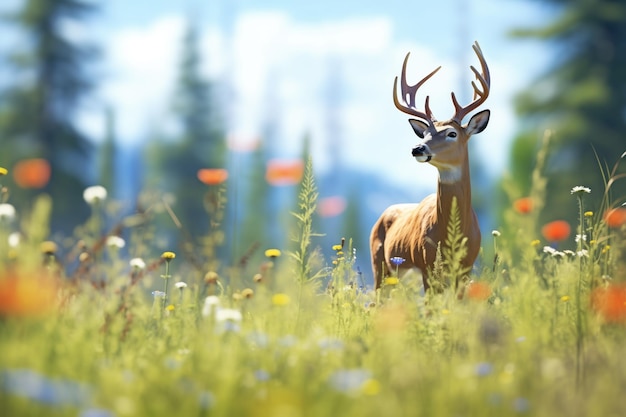 Photo elk partially hidden by tall meadow wildflowers