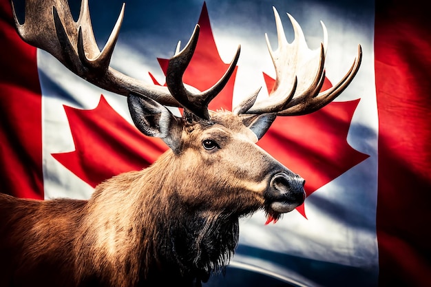 Elk with big horns on the background of the Canadian flag