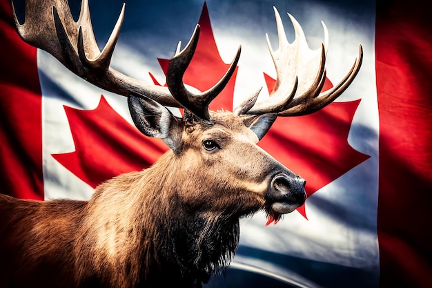 写真 カナダの旗の背景に大きな角を持つヘラジカ