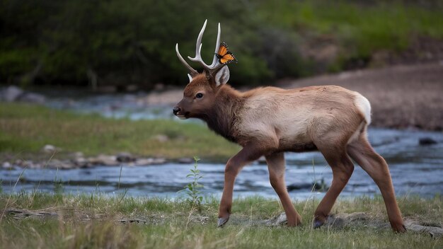 Elkkalf in de natuur met vlinder