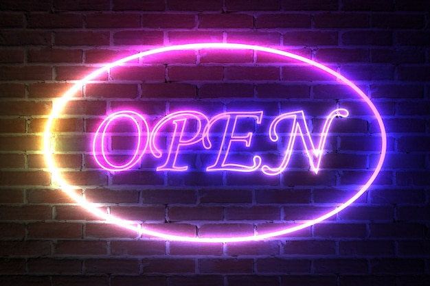 Ellipse Neon Light Frame with Open Sign in front of brick wall. 3d Rendering