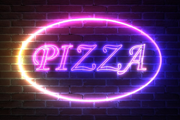 Photo ellipse neon light frame with pizza sign in front of brick wall. 3d rendering