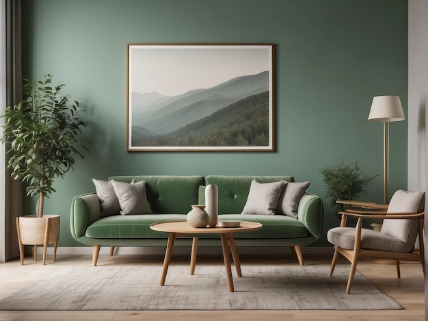 Ellipse table and two chairs near mint sofa against light green wall with art frame poster