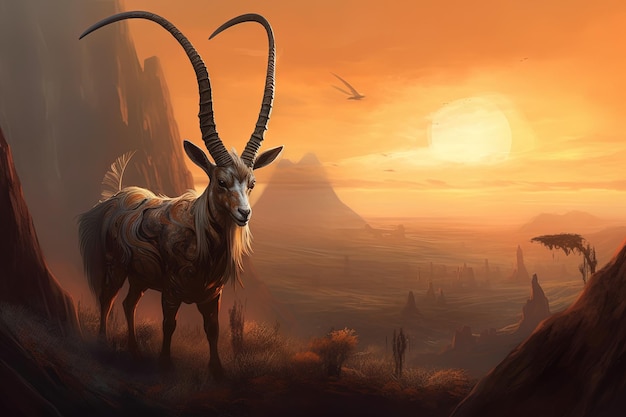 Elusive Whiskerhorns a fantastical species of antelope like creatures with majestic spiral horns and long flowing whiskers illustration generative ai