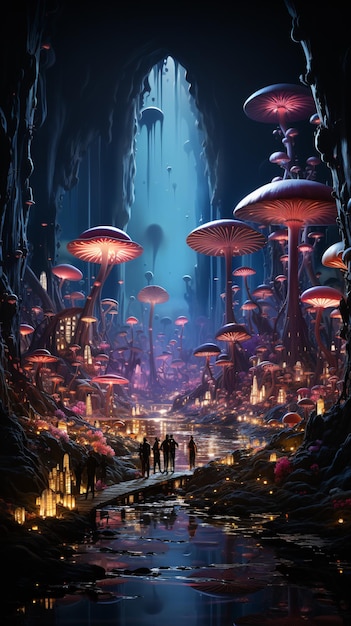 Elves on floating planet summerfestival mushroom flora vegetation fantasy landscape