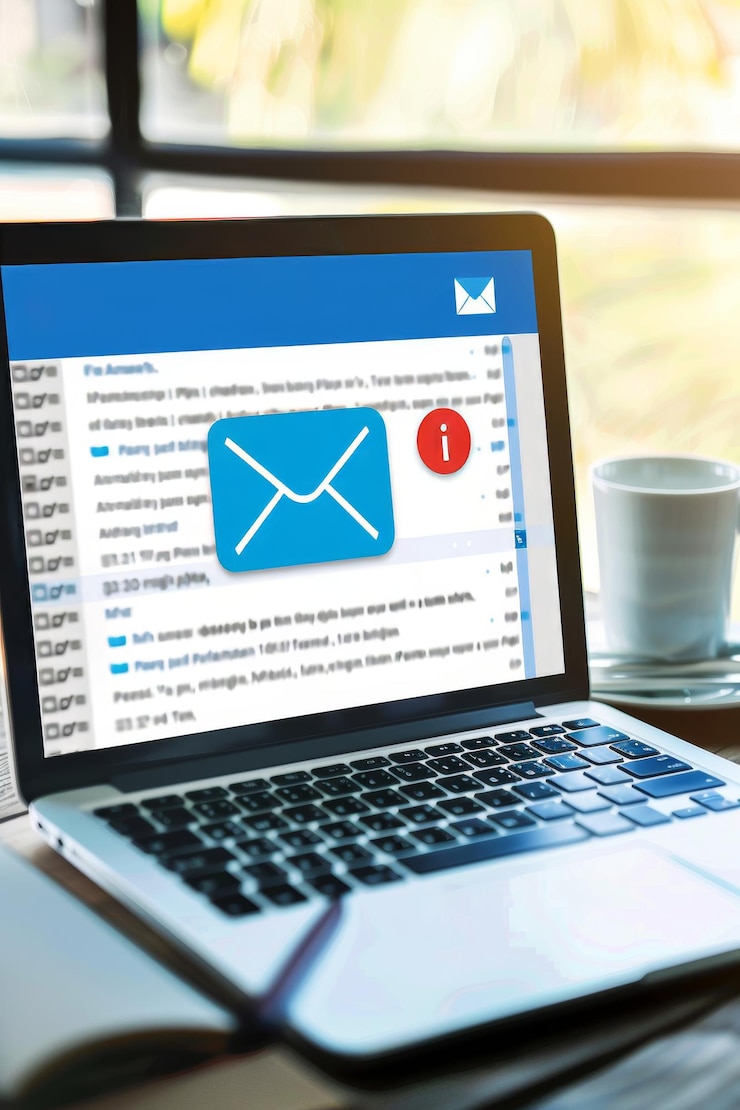 Photo email communication displayed on laptop for sending and receiving messages electronically