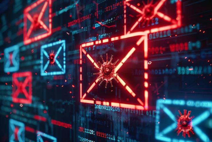 Photo an email inbox with messages marked as malware and viruses