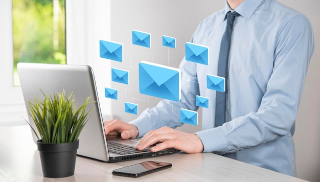 Email marketing and newsletter conceptContact us by newsletter email and protect your personal information from spam mail conceptScheme of direct sales in business List of clients for mailing