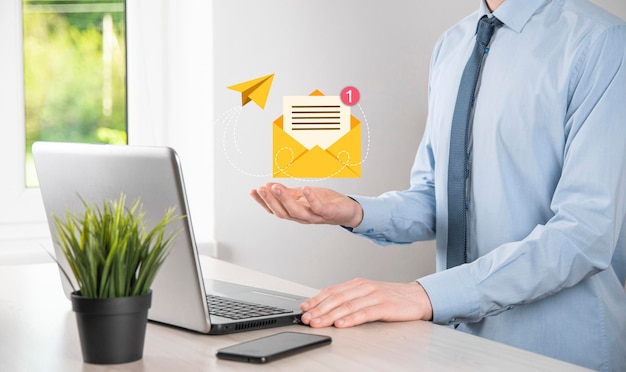 Photo email marketing and newsletter conceptcontact us by newsletter email and protect your personal information from spam mail conceptscheme of direct sales in business list of clients for mailing