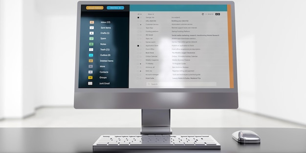 Photo email message communication client mail list on computer desktop monitor office background