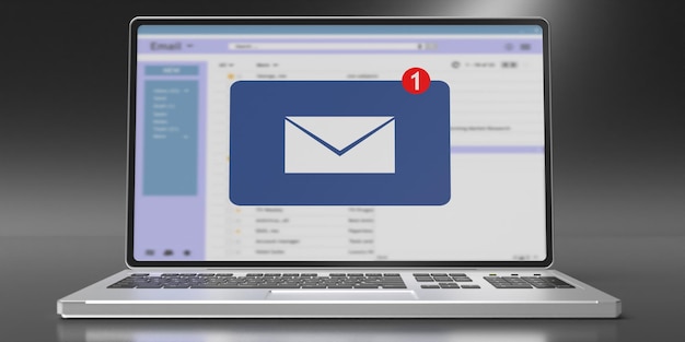写真 ラップトップ画面の灰色の黒い背景の 3 d 図の電子メール メッセージの受信トレイ通知