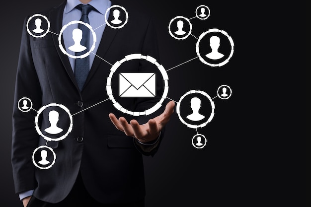 Email and user icon,sign,symbol marketing or newsletter concept, diagram.Sending email.Bulk mail.Email and sms marketing concept. Scheme of direct sales in business. List of clients for mailing.