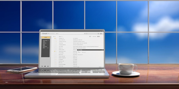 写真 オフィス デスク青空背景 3 d イラストを分離したノート パソコンの画面上のメール