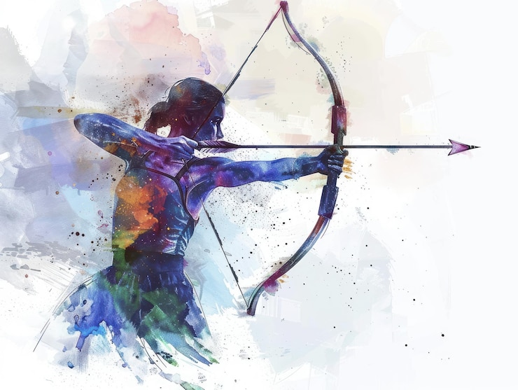 Photo emale archer aiming bow in watercolor painting