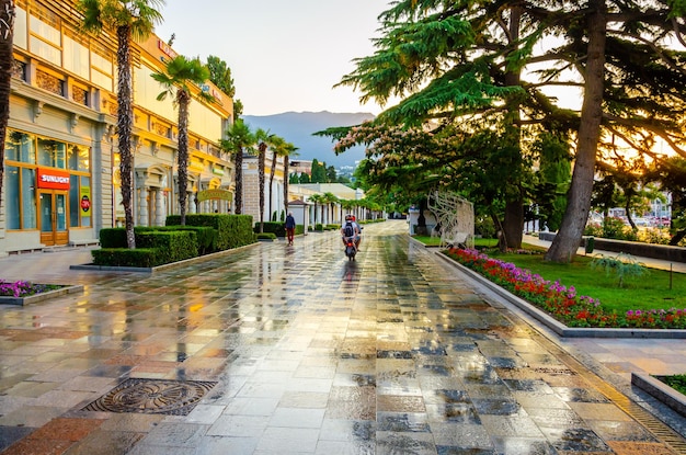 The embankment after the rain in the seaside town.