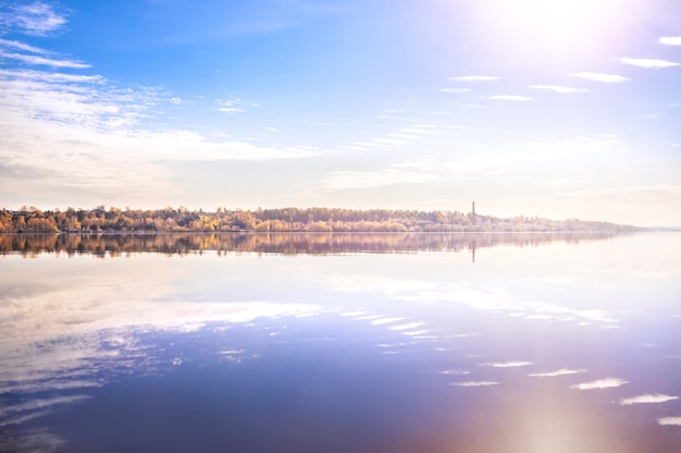 Embankment of the Volga river Tsybikhinsky stream and reflections spring landscape Kineshma