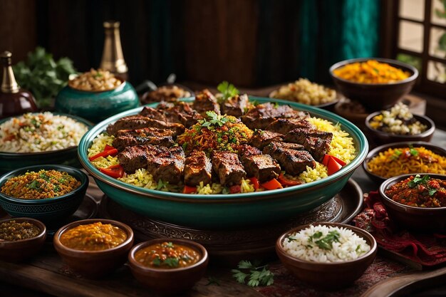 Photo embark on a culinary journey arabic cuisine's colorful feast from kebabs to pilaf delights