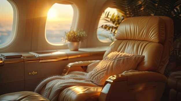 Photo embark on a journey in style with a luxury first or business class suite in gold color business comfort and elegance chairs when you fly with airline