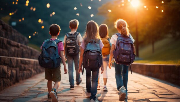 Photo embarking on the learning journey happy children with backpacks walking together embracing education friendship and the excitement of discovering the world around them