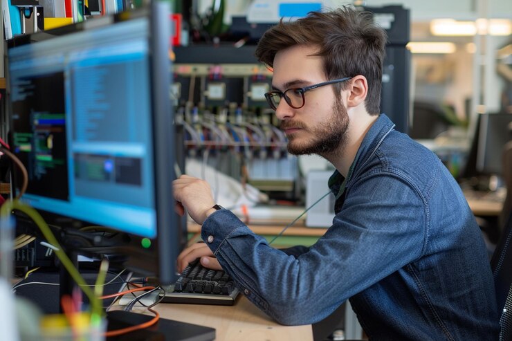 Photo embedded systems engineer developing control software for ev components