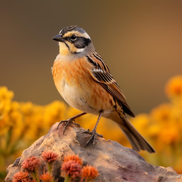 Emberiza citrinella op een rots met bloemen op de achtergrond