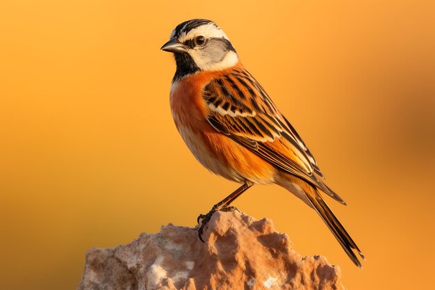 Emberiza citrinella op een rots met bloemen op de achtergrond