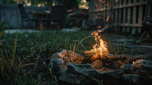 Embers glowing in a small twilight campfire in a backyard setting