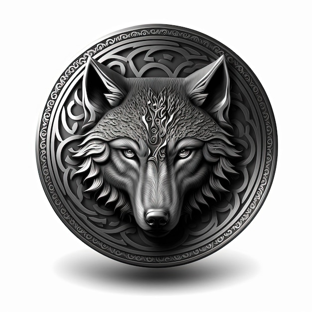 Embleem illustratie, wolf amulet in zilveren cirkel, logo, witte achtergrond. Generatieve AI