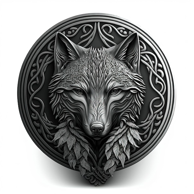 Embleem illustratie, wolf amulet in zilveren cirkel, logo, witte achtergrond. Generatieve AI