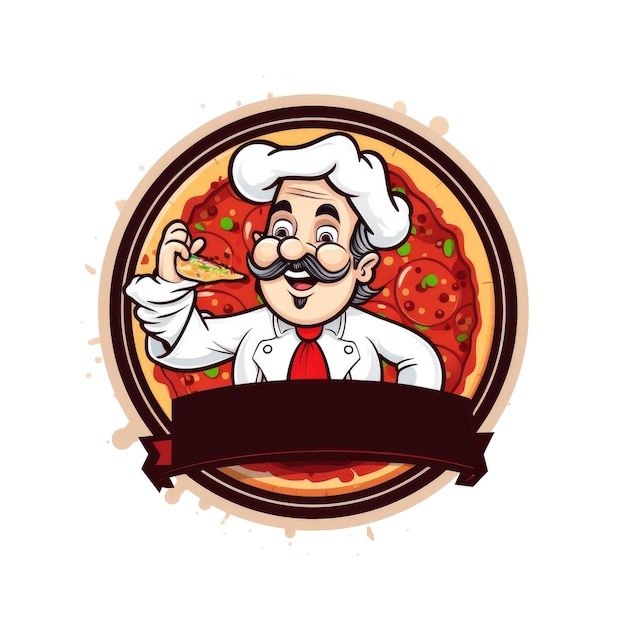 Embleem van een man met een pizza op een witte achtergrond Logo Vrije ruimte voor de naam van het café