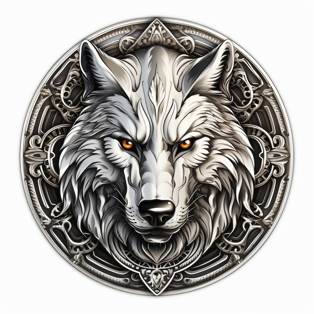 Foto emblem illustratie wolf amulet in zilveren cirkel log