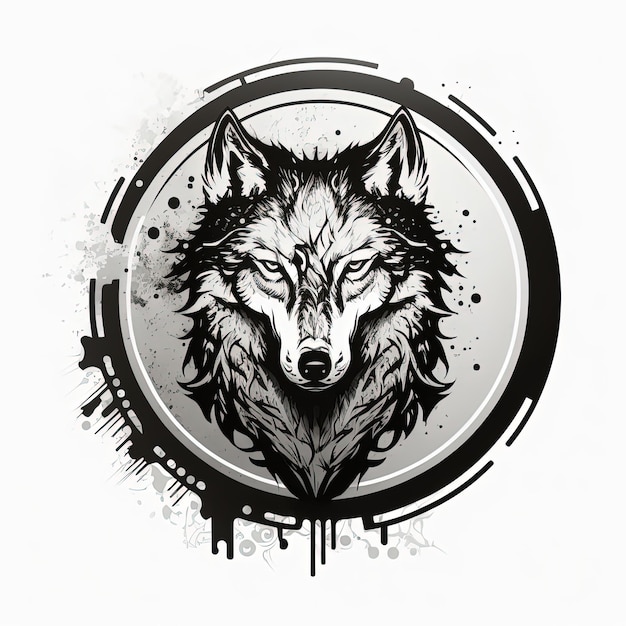 Emblem illustration, wolf amulet in silver circle, logo, white background. Generative AI